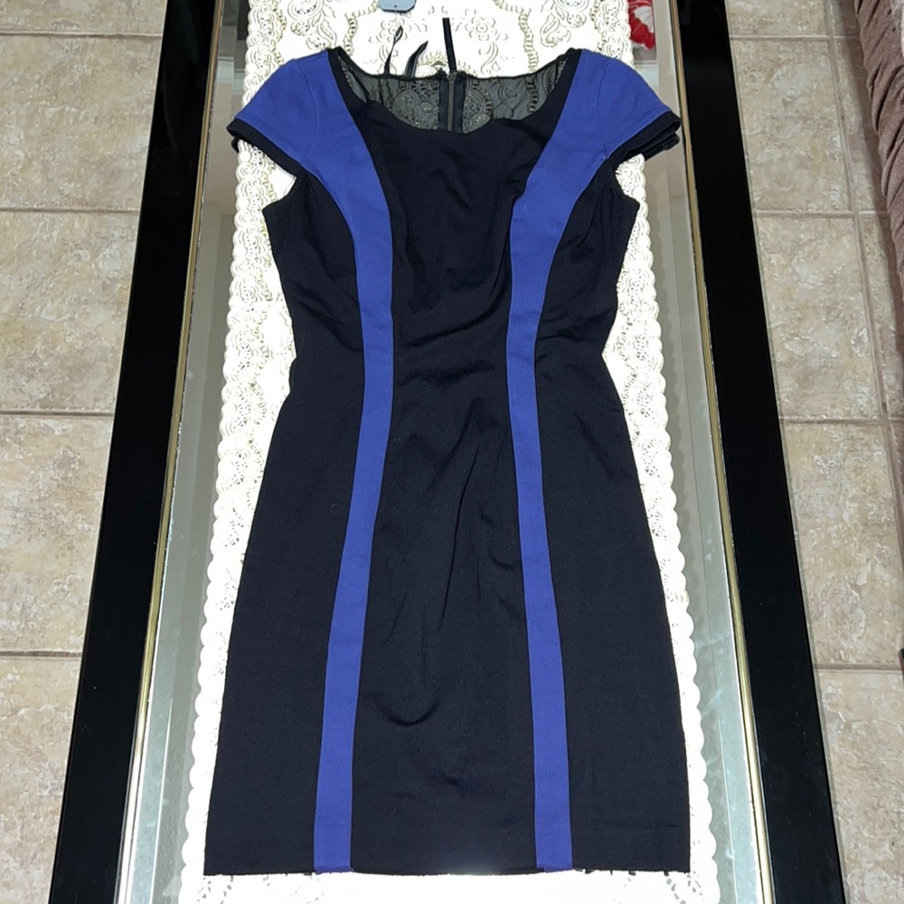 Guess black short-sleeved bodycon dress with purple stripes and mesh back